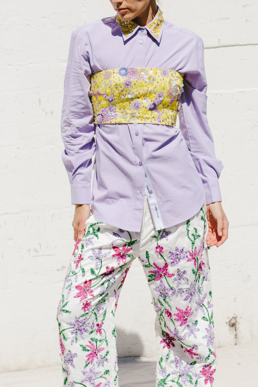 Fully Embroidered Pant w/ Pink Flowers