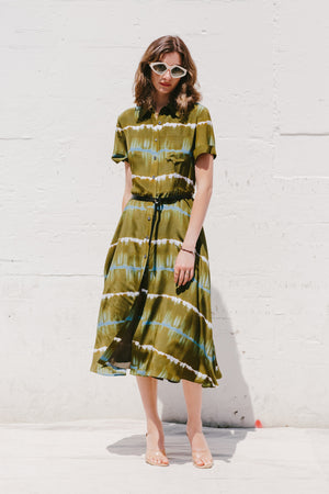 Kiera Dress in Kalmata Olive w/ Stripes