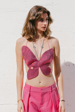 Crystal Embellished Butterfly Top In Carmine Rose