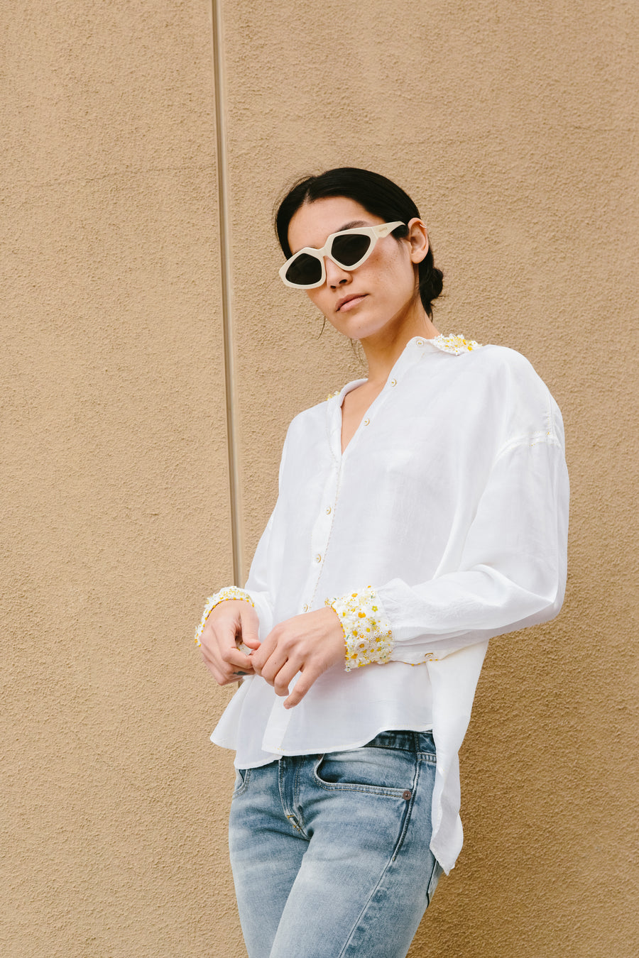 Embellished Cotton LS Shirt w/ Daisy Details