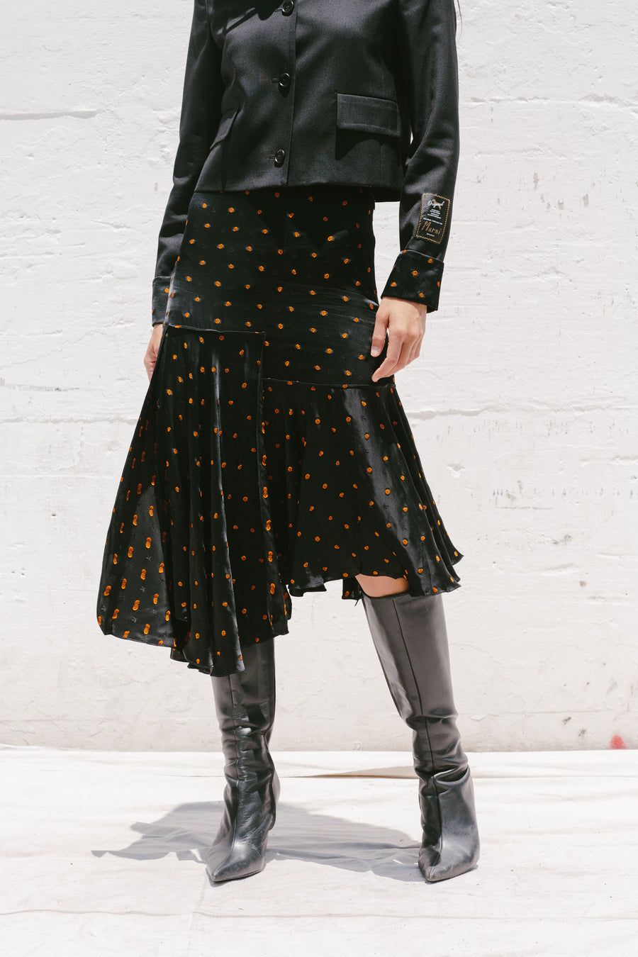 Asymmetric Patterned Midi Skirt in Black