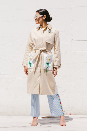 Mira Mikati x Javier Calleja Trench Coat With Knitted Panels In Honey/Multi