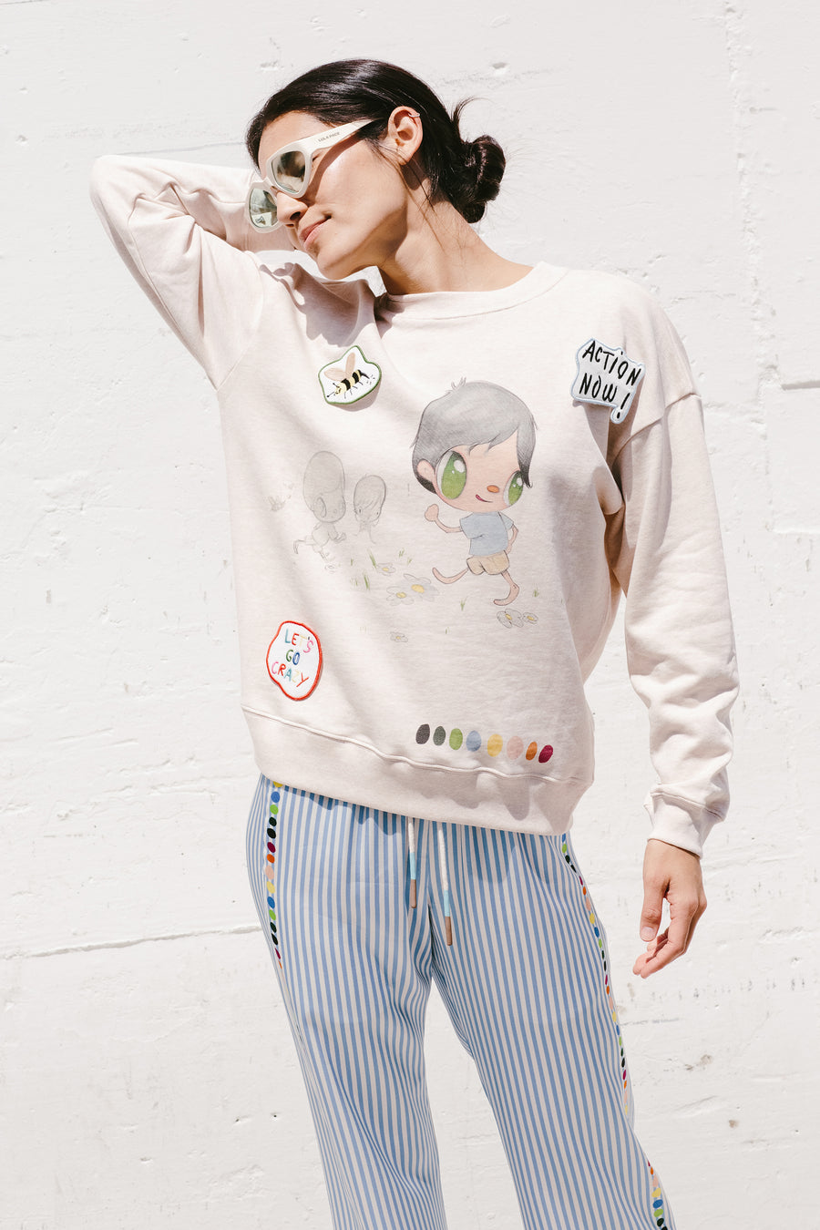 Mira Mikati x Javier Calleja Printed Sweater With Velcro Patches & Pouch In Light Beige