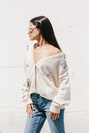 Distressed Crystal Cardigan In Ivory