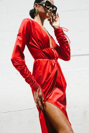 V-Neck Draped Dress in Red