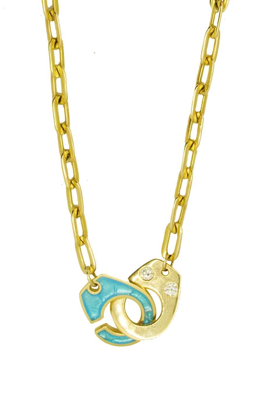 18K Gold & Enamel W Diamond Clasp Necklace in Blue