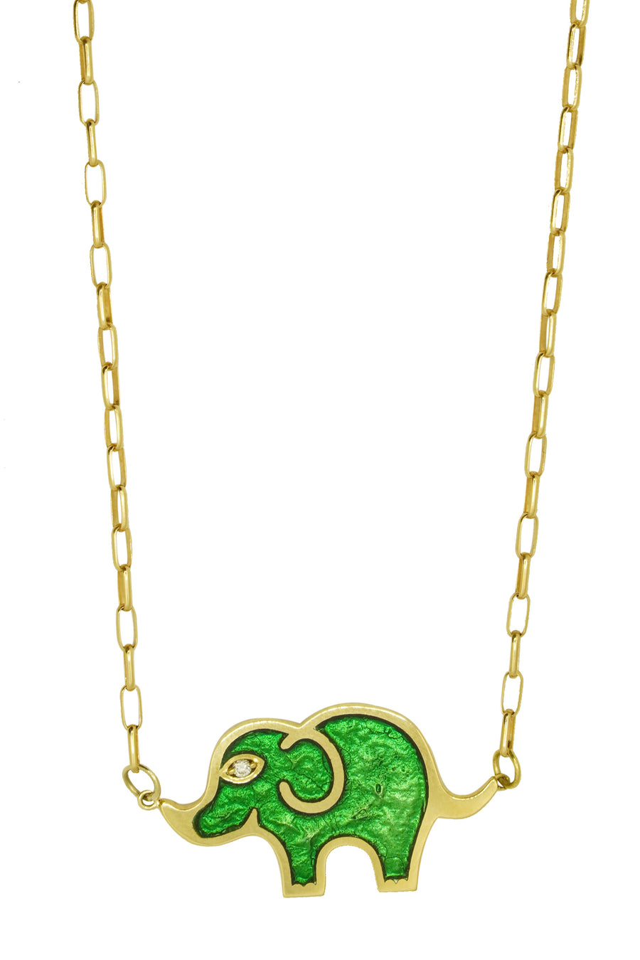 18K Gold & Enamel Elephant Necklace in Green