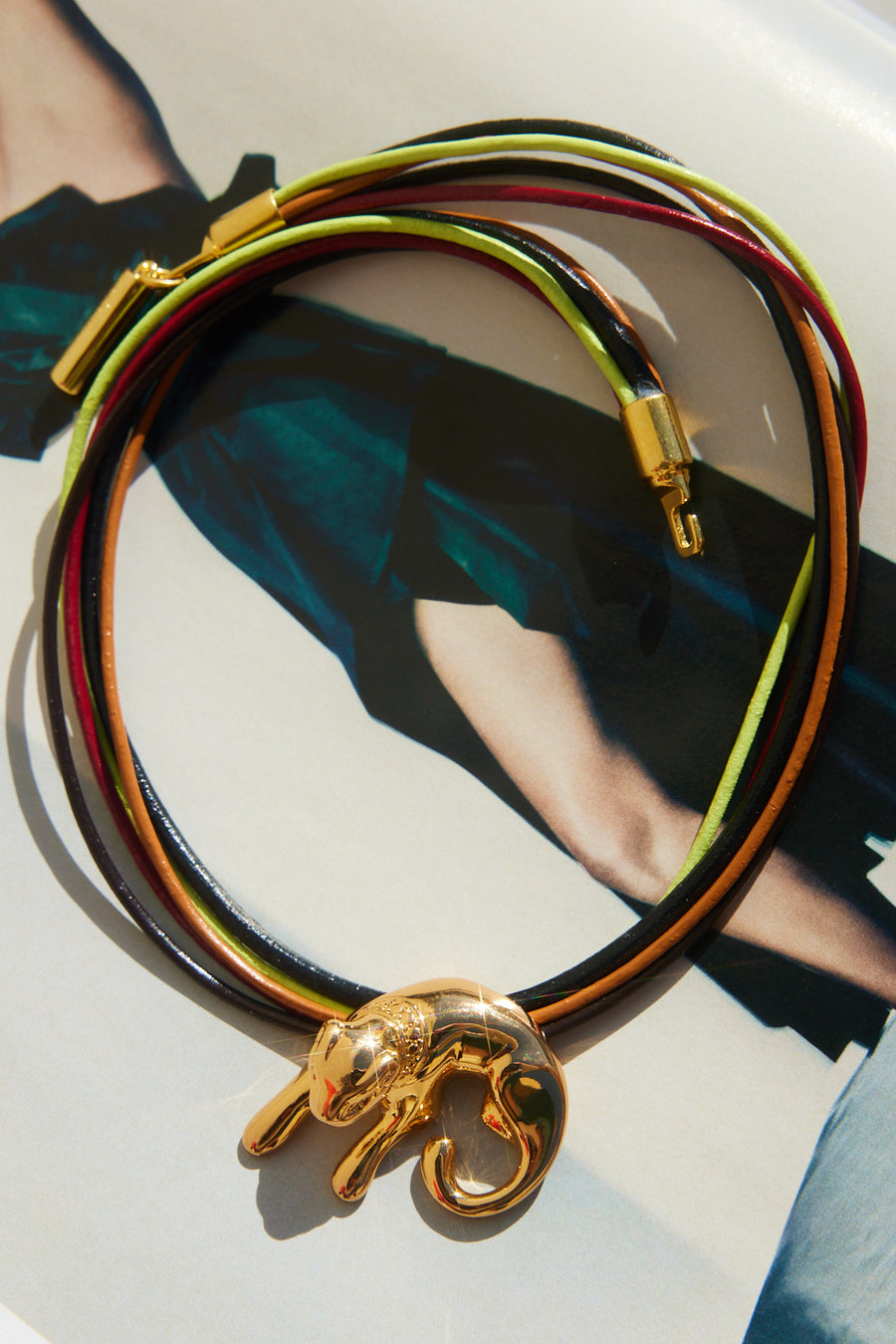 MULTICOLOR LEATHER ROPE NECKLACE WITH GOLD PLATED PUMA CHARM