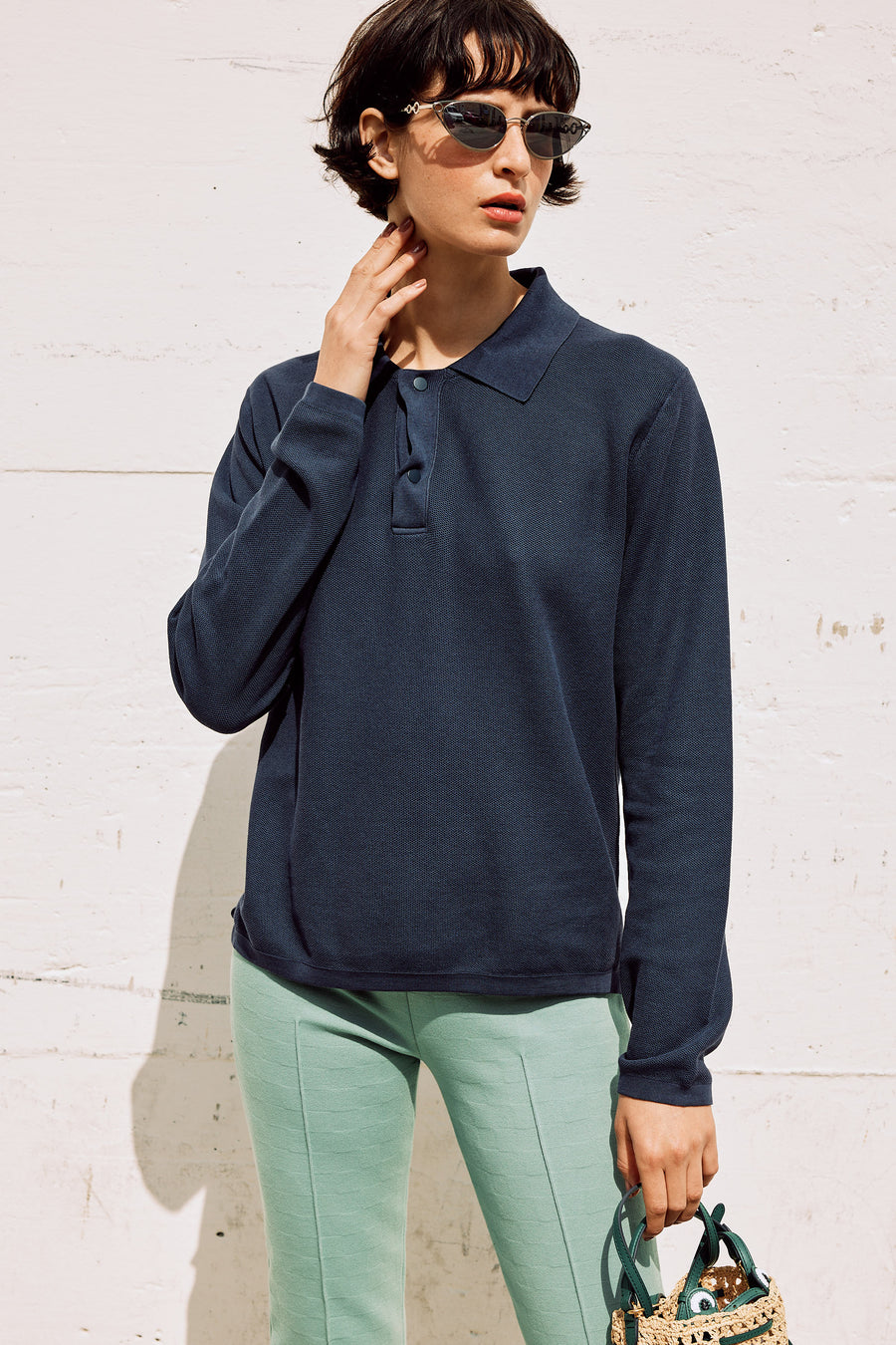 Long Sleeve Brooke Polo in Washed Blue