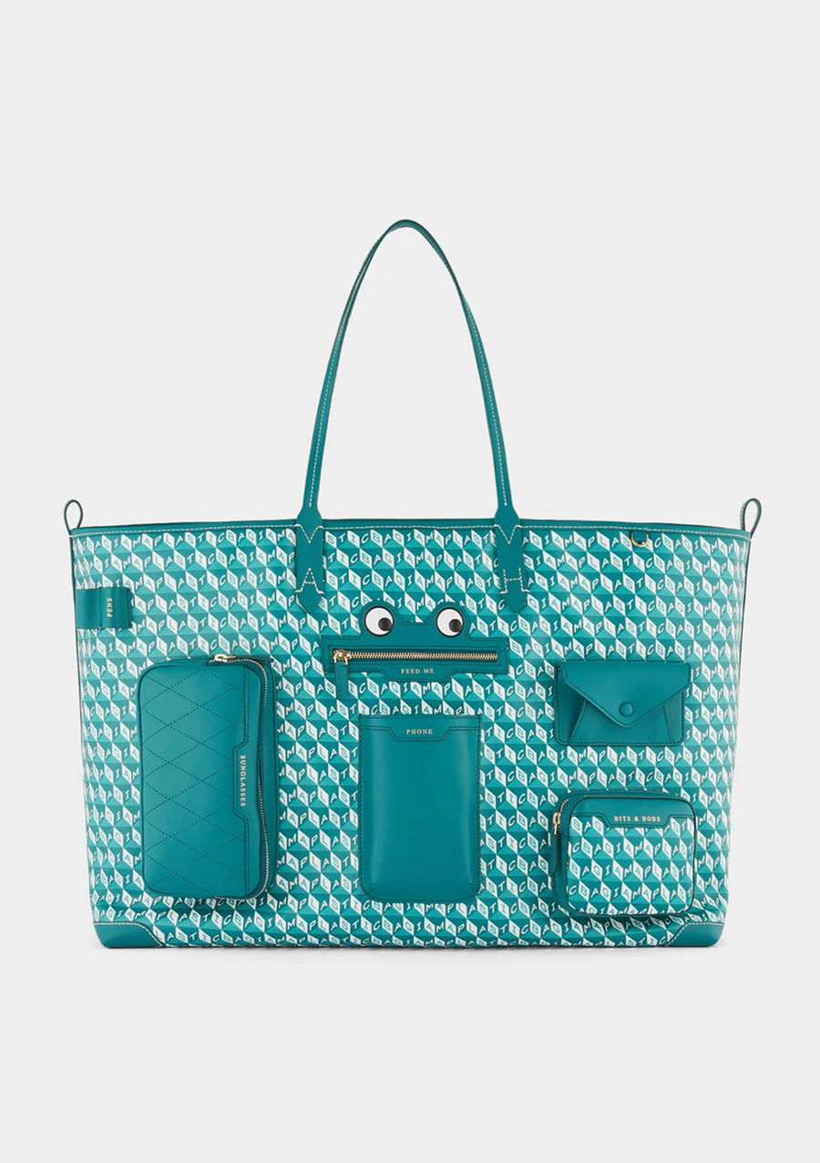 I am a Plastic Bag Tote XLMulti Pocket Frog in ViridianRecycled Canvas with SmoothEco Leather